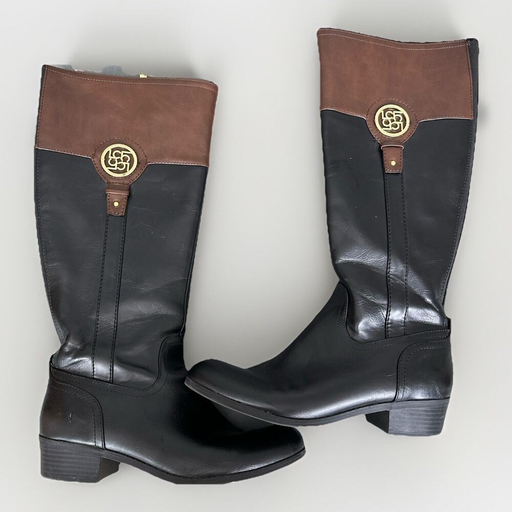 Liz Claiborne Women's Size 8.5 M LC Tilia Black Tan Cognac Riding Boots Knee Hi